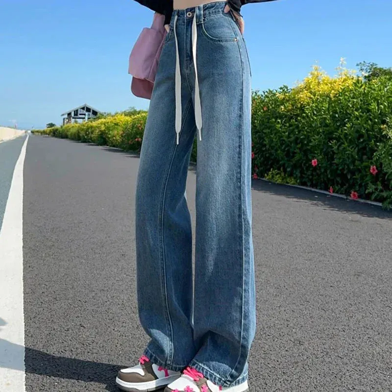 Wash Drawstring Loose Wide Leg Denim Jeans