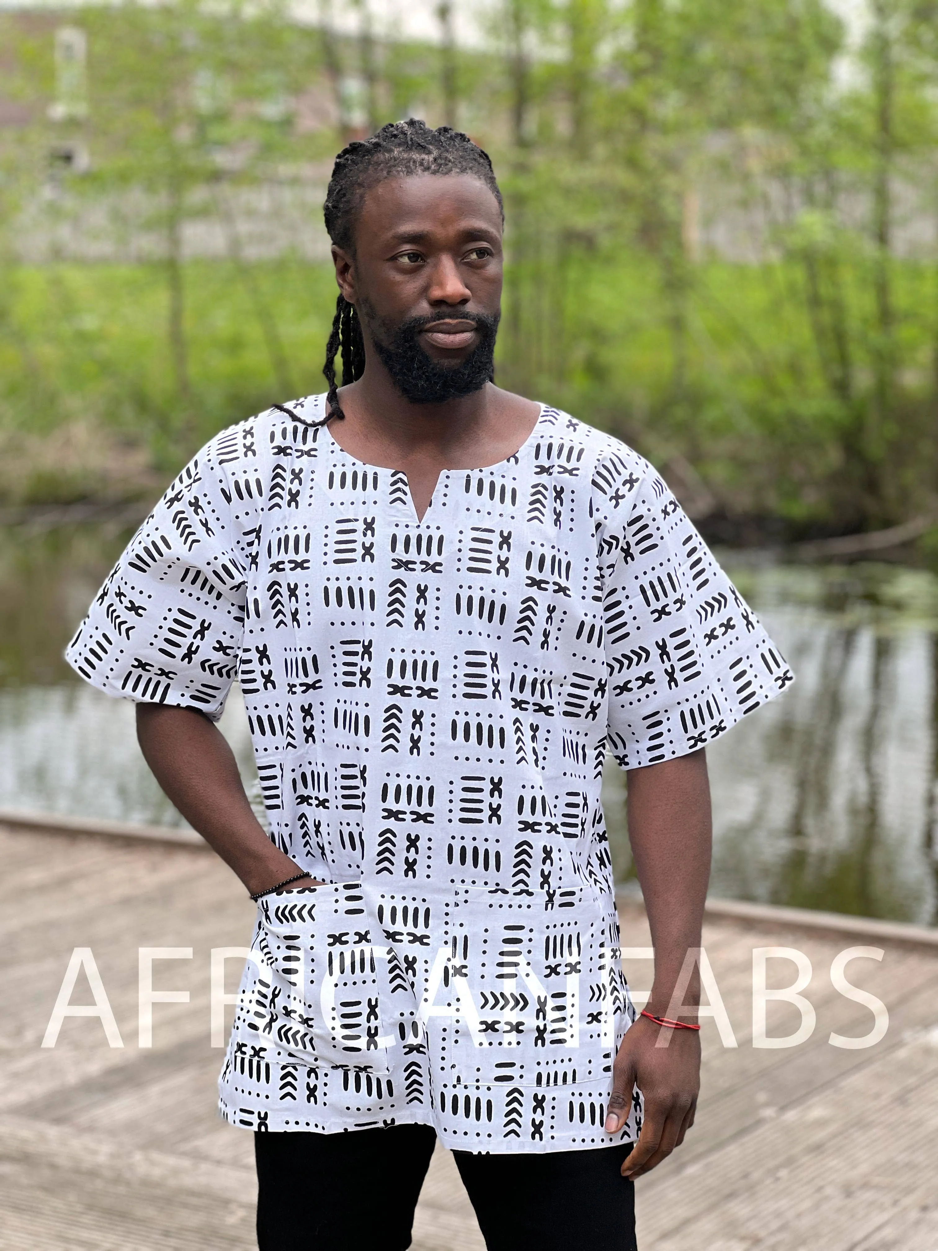 White & Black Bogolan Dashiki Shirt / Dashiki Dress - African print top - Unisex