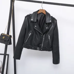 Women Lovely Short Belt Simple Leather Jacket  WJC23185
