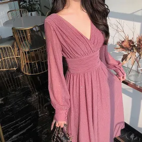 Women Vintage Maxi Dresses for Party Sequin Midi Casual Chiffon Slim Autumn Dress - WD8016
