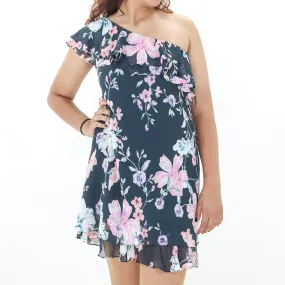 Women's Ruffle One-Shoulder Dress,Dark Grey
