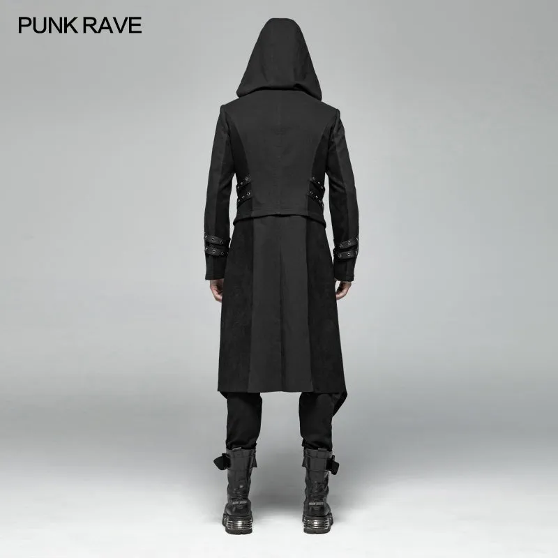 WY-1028 Men Punk Split Hooded Jacket Asymmetrical Long Trench Coat